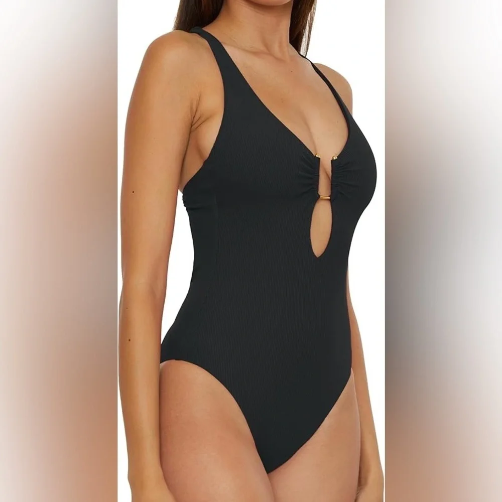 BECCA Women's Modern Edge One Piece Swimsuit, Plunge Neck, Adjustable, Tie Back
